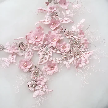 2Pieces/Monte 3D Vestido de Noiva Applique DIY Véu de Noiva Marfim de Renda Branca Gola de Laço de Tecido Patch RS1357