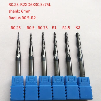 2pcs/monte R0.25/R0.5/R0.75/R1/R1.5/R2x30.5xD6x75 6mm extra alongar de metal duro inteiriça cônica de fresas de topo de gravura do CNC fresamento fresas