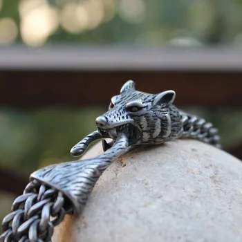 316L de aço inoxidável, bracelete de Punk cabeça de Lobo de Titânio de aço Vikings LOBO pulseiras & pulseira meninos dos Homens bracelete chain