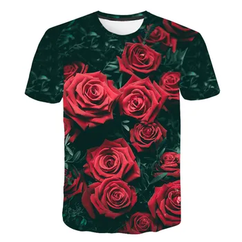 3d Impresso T-shirts Homem Casual T-shirt de Manga Curta Camisola de Roupas Tops 2020 Nova Moda Mulher Rose folha de paisagem natural