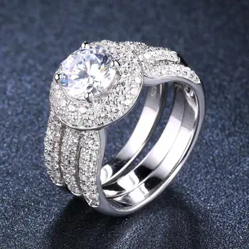 4.6 Ct de Luxo Diamante Casamento Anel Conjuntos 2-em-1 Sólida Prata 925 Rodada CZ Anéis de Noivado Para as Mulheres Nupcial Proposta do Presente