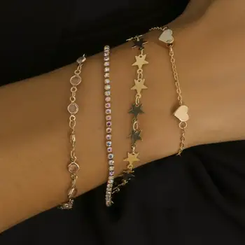 4pcs/set Zircão Estrelas o Amor de Cristal da Pulseira Cadeia Femme Simples Multi-camada Bracelete Pulseiras Para Mulheres de Jóias de Moda Festa