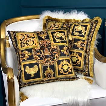 50x50cm de luxo Americana retro impresso de ouro preto, de borla capa de almofada franja fronha da cama encosto de almofadas quadradas tampa