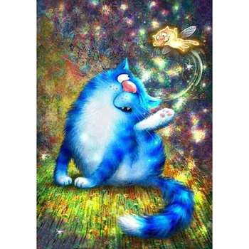 5D Bordado de Diamante Azul Gato Galo Quadrado/Redondo Diamante de Pintar desenhos animados do Gato de Ponto de Cruz, Kit Mosaico de estilo Arte Deco Presente