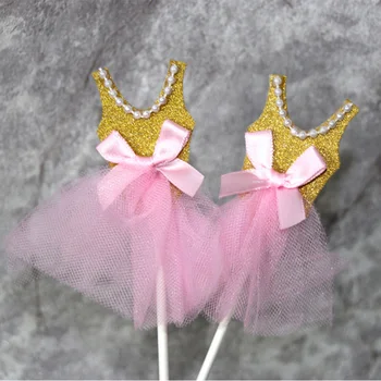 5Pcs Glitter Princess Tutus Vestido de Bolo Toppers Bailarina Saia de Cupcake Picaretas para Meninas de Aniversário Tema da Decoração do Partido(de Ouro)