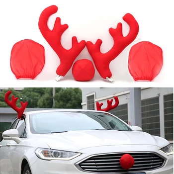 5pcs/set Rena de Natal Carro Decoração de Veículos Traje Lindo Chifres de Nariz Vermelho Com Espelho