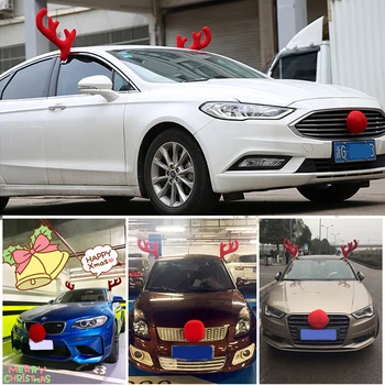 5pcs/set Rena de Natal Carro Decoração de Veículos Traje Lindo Chifres de Nariz Vermelho Com Espelho