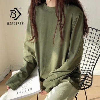 7 Cores de Outono Mulheres Sólido Básico T-shirt de tamanho grande de Algodão O-pescoço Verde Tees Primavera Casual Manga comprida Outono Assentamento Tops T085