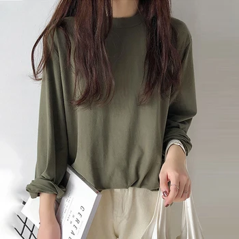 7 Cores de Outono Mulheres Sólido Básico T-shirt de tamanho grande de Algodão O-pescoço Verde Tees Primavera Casual Manga comprida Outono Assentamento Tops T085