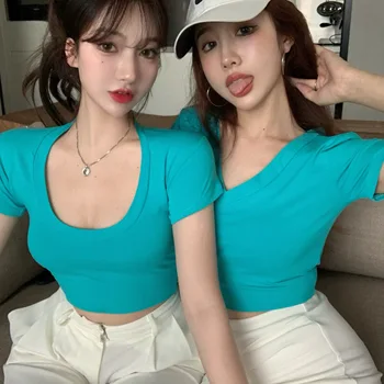 7 cores de verão de 2020 estilo coreano de cor sólida de manga curta, decote em v t-shirts para mulheres de camiseta femme mulheres crop tops (R98240)
