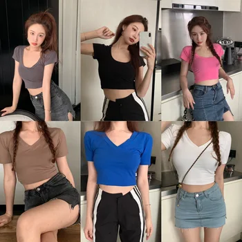 7 cores de verão de 2020 estilo coreano de cor sólida de manga curta, decote em v t-shirts para mulheres de camiseta femme mulheres crop tops (R98240)