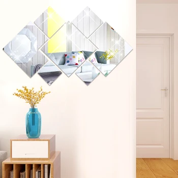 7pcs Espelho Adesivos de Parede 3D Losango Acrílico DIY Arte Enfeites de Adesivos de Parede para Sala de estar, Casa de Decoração de Parede