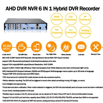 8 Canais de 5.0 mp H. 265+ DVR Monitor de Segurança NVR 5MP Gravador DVR P2P Disco Rígido do Gravador de Vídeo Digital Analógico 1 Máquina de 6 Usa