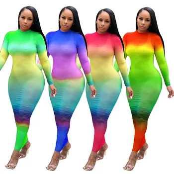 ANJAMANOR Sexy Manga Longa Bodycon Vestido Maxi Gradiente de arco-íris Tie Dye Impressão de Malha Noite de Festa do Clube Vestidos de Cair 2019 D37-AA64