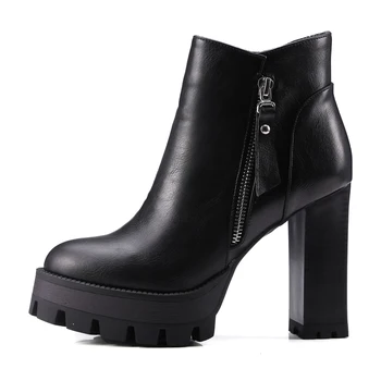 ANNYMOLI Mulheres Sapatos de Inverno Feminino Botas Zíper Super em Alta Calcanhar Tornozelo Botas de Plataforma Bloco de Calcanhar Curto Botas de Senhora Tamanho Grande 3-10
