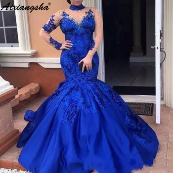 Abiye Azul Royal, Vestidos de Noite, com Gola Alta, Mangas compridas Apliques de Renda Vestidos de Noite Plus Size Cetim Sereia Desgaste Formal Elegante