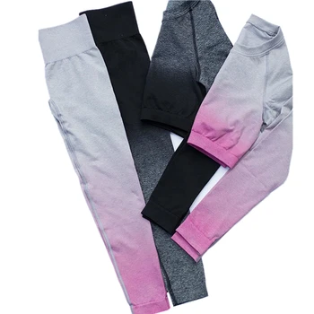 Adaptar ombre uniforme de manga longa conjuntos mulheres yoga crop tops, camisas de treino de ginásio se ajustar cintura alta a execução de leggings de roupas de fitness