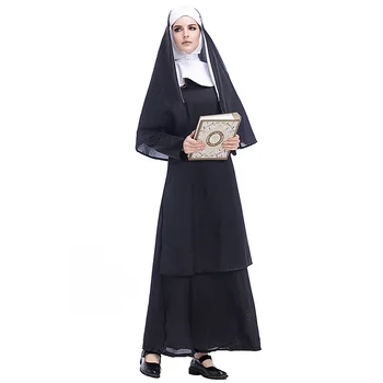 Adultos Cosplay Virgem Maria, Freira Traje Adulto da Páscoa Missionária Vestido Preto de Halloween Traje S-2XL