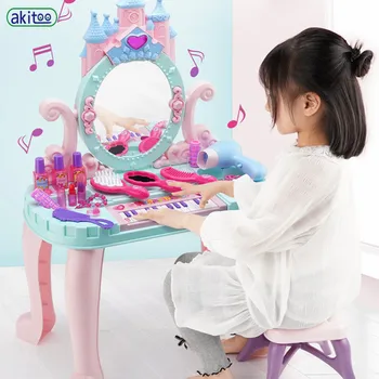 Akitoo Menina Cômoda Conjunto de Princesa penteadeira Menina Cosméticos Crianças Caso da Composição Criança Brinquedo Secador de Cabelo #3205