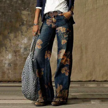 Alta Moda Mulher Moda Impresso Jeans Casual Calças Compridas Streetwear Femme Pantalon Indefinido