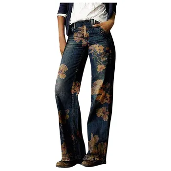 Alta Moda Mulher Moda Impresso Jeans Casual Calças Compridas Streetwear Femme Pantalon Indefinido