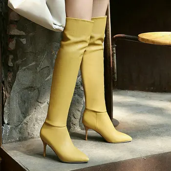 Amarelo Cor-De-Rosa As Mulheres Brancas Joelho Alto Botas Da Moda Bico Fino Salto Alto Senhoras Botas Longas Plissadas Senhoras Sapatos De Inverno