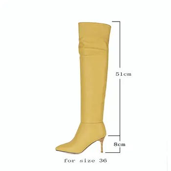 Amarelo Cor-De-Rosa As Mulheres Brancas Joelho Alto Botas Da Moda Bico Fino Salto Alto Senhoras Botas Longas Plissadas Senhoras Sapatos De Inverno