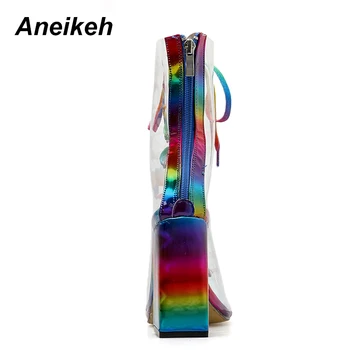 Aneikeh arco-íris Colorido de PVC Geléia Sandálias Botas de Dedo do pé Aberto Lace-up Gladiador Chunky Salto Alto Verão Transparente Botas Chelsea