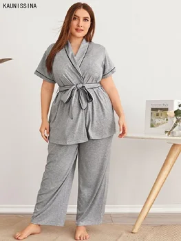 As Mulheres Plus Size Pijama Conjuntos De Pijamas Quimono Com Decote Em V Manga Curta Solta Camisola Longa Calças Oversized Pijama Loungewear