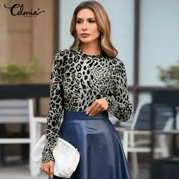 As mulheres formam a estampa de Leopardo Tops Celmia 2021 Primavera O-pescoço Longo da Luva Blusas Elegantes OL Apertadas Camisas Casuais Plus Size