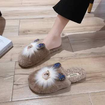 As mulheres sapatos de pele de slides para as mulheres 2020 bonito fox chinelos macios mulher fuzzy chinelos de quarto mulas sapatos mulheres ladies home sapatos flats