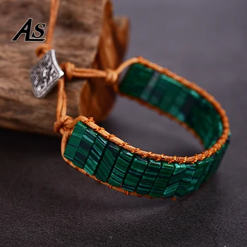 Asingeloo Verde De Malaquita Natural Esferas De Corda De Couro Do Envoltório Segmento Artesanal Tubo De Jóias Vintage Bracelete Bohemia