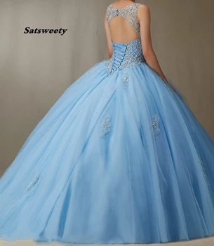 Azul Puffy 2020 Vestidos de Quinceanera Bola Vestido de Ombro Fora Querida Frisado Festa vestido de baile Sweet 16 Dresses
