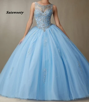 Azul Puffy 2020 Vestidos de Quinceanera Bola Vestido de Ombro Fora Querida Frisado Festa vestido de baile Sweet 16 Dresses