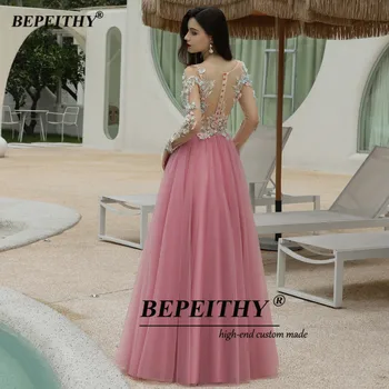 BEPEITHY Tule cor-de-Rosa Vestido de Noite Vestido de Festa Para Mulheres O Pescoço Flores em 3D Sexy Chão Comprimento de Baile, Vestidos de Mangas Completo 2020 Novo