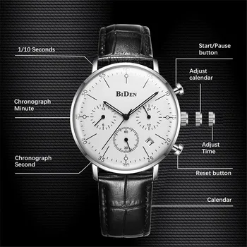 BIDEN Marca de Relógios de homens de Design Elegante Cronógrafo de Quartzo Esporte Impermeável de Couro Genuíno Assistir