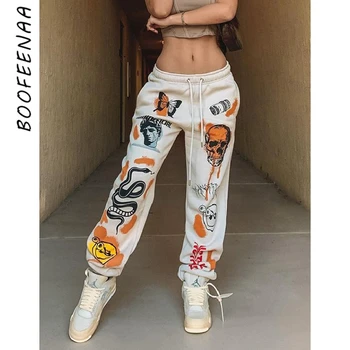 BOOFEENAA Jogger Cavallari Streetwear Graffiti Impressão de Crânio Espesso Quente Casual Calças Soltas para as Mulheres 2021 Calças C98-BE31