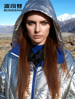 BOSIDENG novo estilo de inverno longo para baixo do casaco de mulheres da prata do Metal forro azul zíper impermeável moda de alta qualidade B80132112