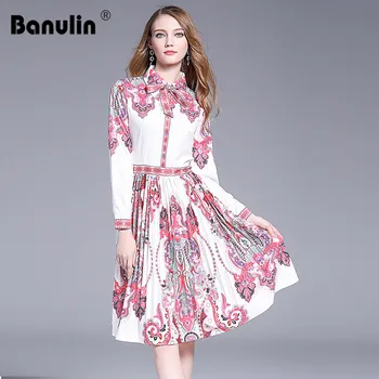 Banulin 2019 Pista Designer de Outono Vestido Mulher Manga Longa de Férias Casual estampa Floral Rosa Slim Elegante Vestido Plissado