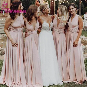 Barato A Longo Blush Cor-De-Rosa Vestidos De Dama De Honra Longo 2020 Convidado Do Casamento Vestido De Vestido De Festa