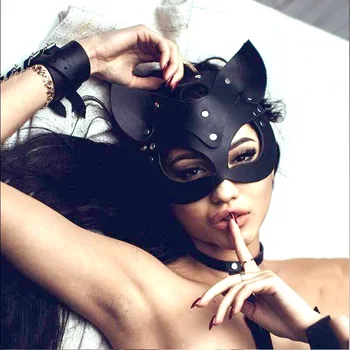 Bdsm Preto Sexy Máscara De Couro Brilhante Espumante Strass Rebites Fetiche De Mulher-Gato Máscaras De Cosplay De Halloween Máscaras Metade Do Rosto De Máscara