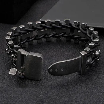 Black Skull Bracelete dos Homens para os Homens de Punk Rock da Cadeia de Braceletes de Couro de Hip-hop Braçadeira