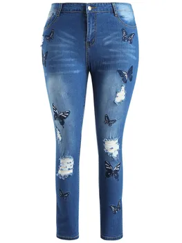 Borboleta Bordado Senhora de Jeans Lápis de Cintura Alta, Calças de Denim Stretch Azul Jeans Boyfriend Jeans Para Mulheres Buraco calças de Brim das Mulheres