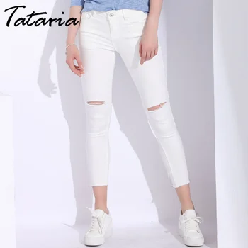 Branco Jeans Skinny Mulher Com Furos Slim Lápis De Jeans, Calças Jeans Rasgados Para As Mulheres De Cintura Alta Trecho Capris Senhoras Jean Femme