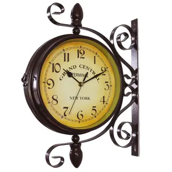 Brown Vintage Dupla Face de Metal de Ferro de Vidro Moldura Relógio de Parede da Estação Pendurado na Parede Relógio de Parede, Relógios de Decoração de Jardim WJ10