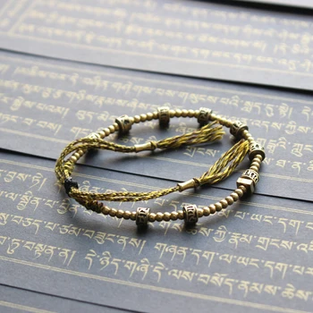 Budistas tibetanos Mão Trançado de fio de Algodão Sorte Nós bracelete de Bronze Esferas Esculpida Om Mani Padme Hum Pulseira Ajustável Jóias
