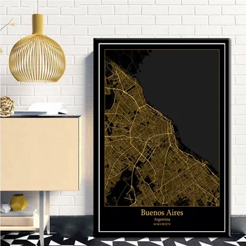 Buenos Aires, Argentina Black&Gold Cidade Luz Mapas Personalizados Mundo, Mapa Da Cidade Cartazes De Lona Imprime Estilo Nórdico Arte De Parede Decoração Da Casa