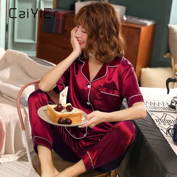 CAIYIER Verão 2Pieces Mulheres Pijamas de Cetim de Seda de Manga Curta Pijama Conjunto Vire para baixo de Gola Sexy Casa, Roupas Plus Size M-5XL