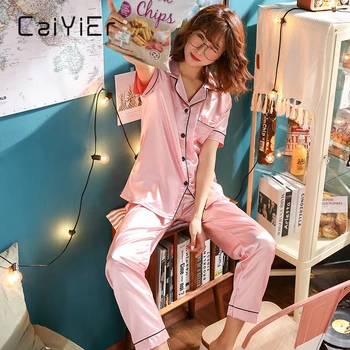 CAIYIER Verão 2Pieces Mulheres Pijamas de Cetim de Seda de Manga Curta Pijama Conjunto Vire para baixo de Gola Sexy Casa, Roupas Plus Size M-5XL