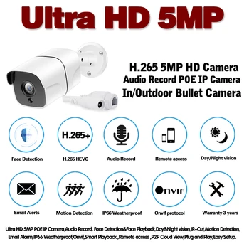 Cara Gravar Áudio IP PoE Câmera de 5 mp 2592*1944 HD Exterior Infravermelha Impermeável 40m de Visão Noturna de Segurança, Câmera de Vigilância de Vídeo